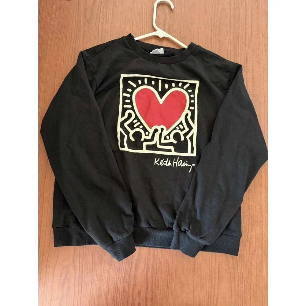 Keith Haring Heart Graphic Sweatshirt Black Crewneck Unisex M Medium 60/40 Blend